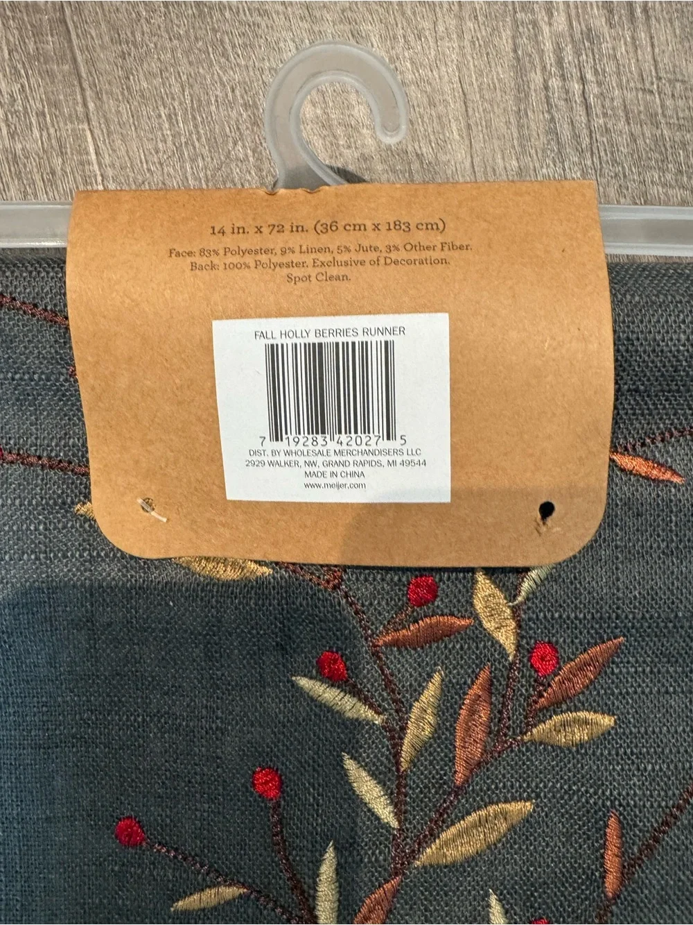 Embroidered Dark Gray Holiday Table Runner with Red Berry Accents